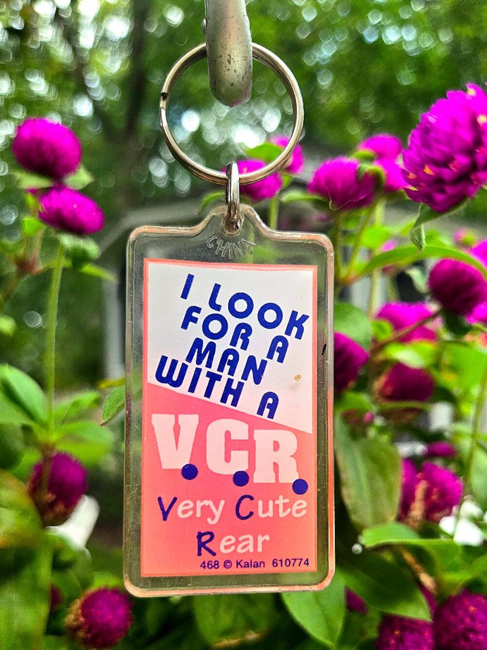Vintage 1990s Kalan Acrylic Gag Keychain – "I Look For A Man With A VCR" Retro